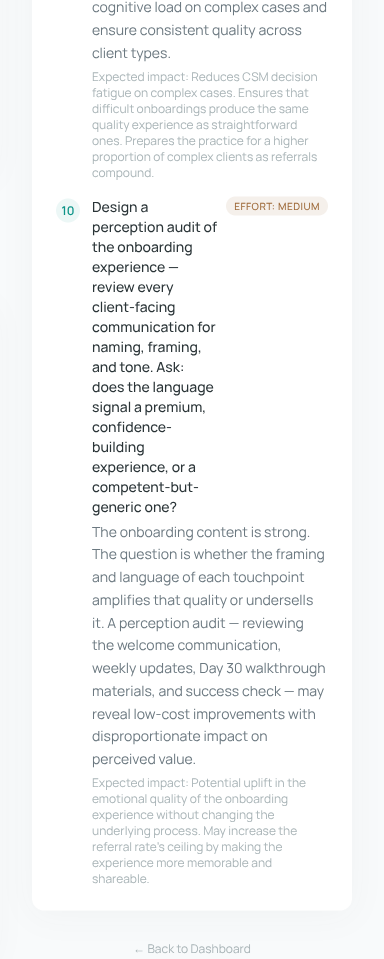 Time-bucketed action plan with effort levels